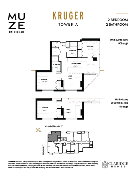 Floor plan for 2 beds, 2 baths, 909 sqft